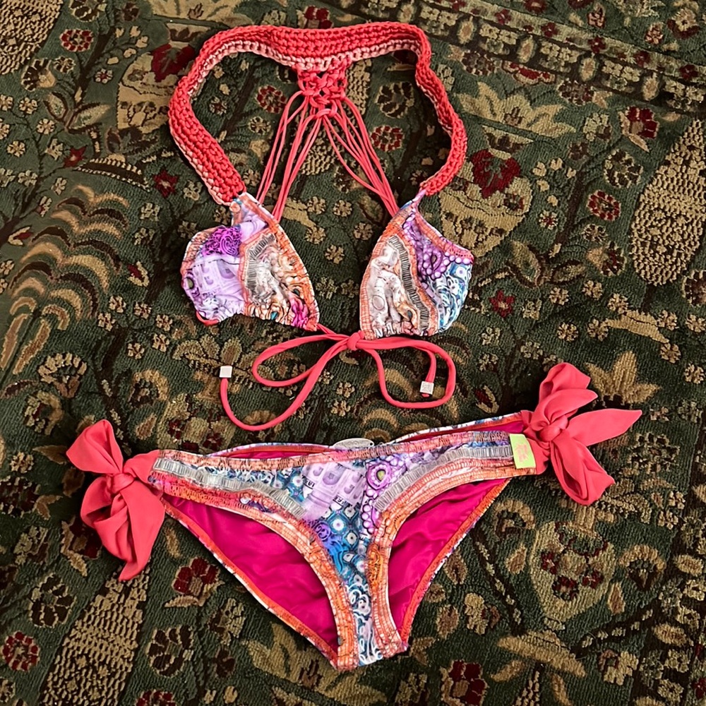 Mar de Rosas Designer Colorful Embellished Bikini Set
